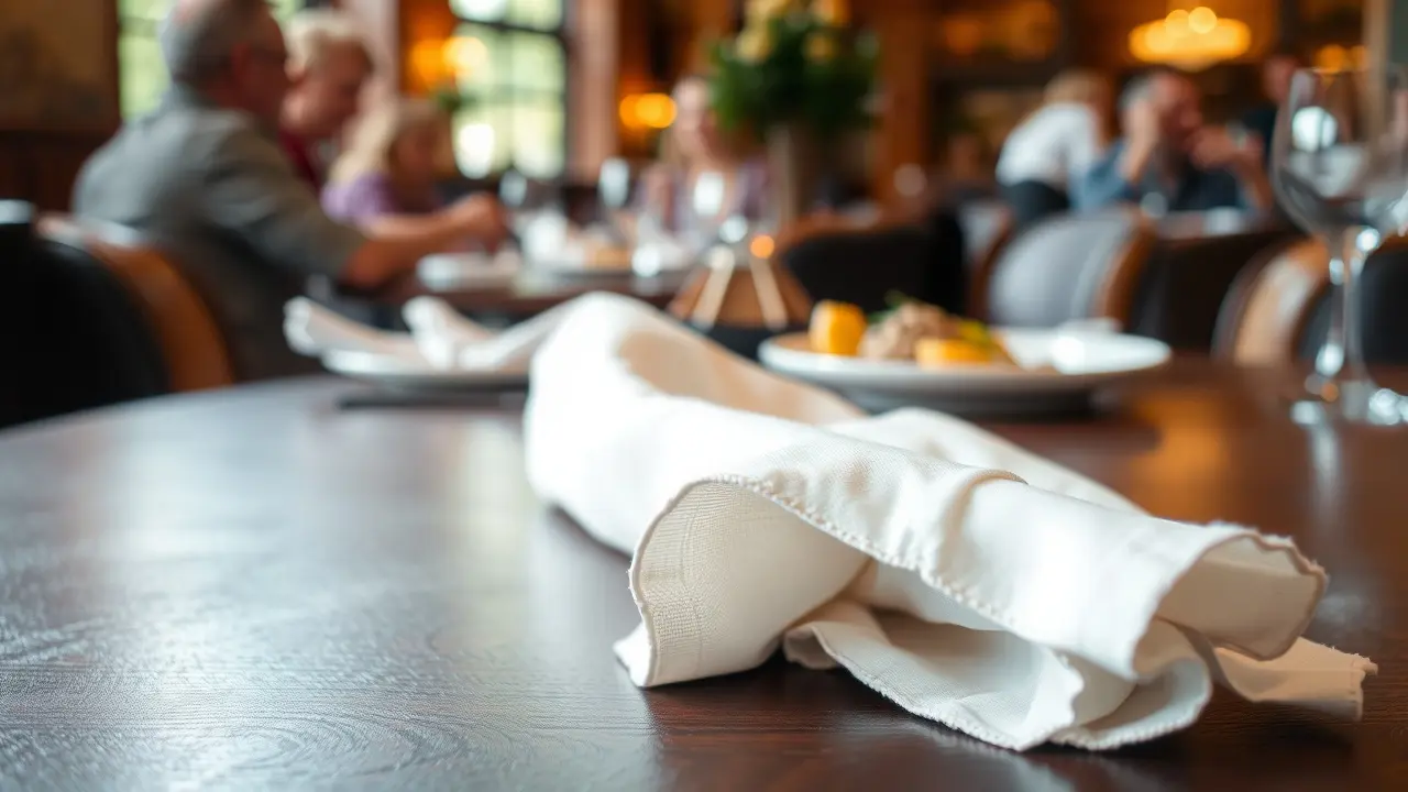 Guardanapo branco dobrado sobre mesa de madeira.