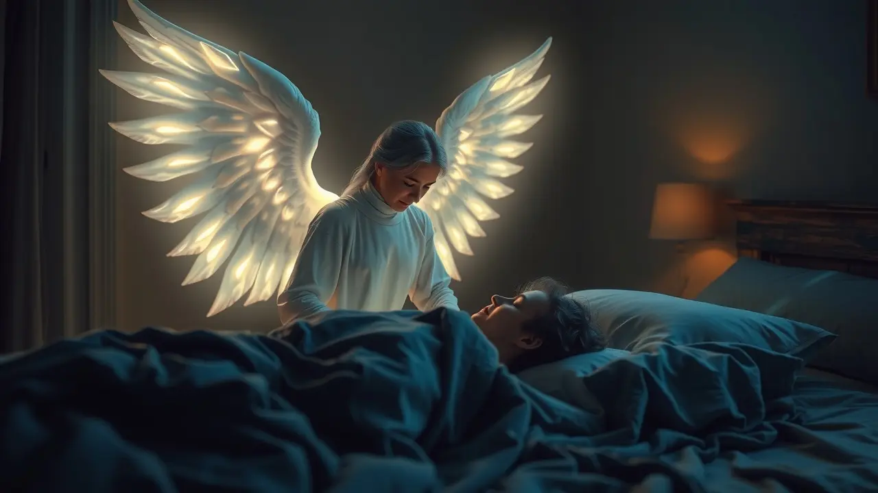 Anjo da guarda protegendo pessoa adormecida