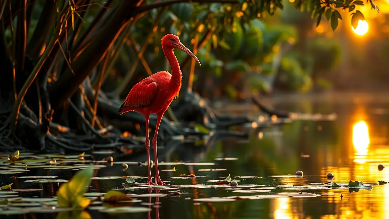 Guará com plumagem vermelha em manguezal ao entardecer.