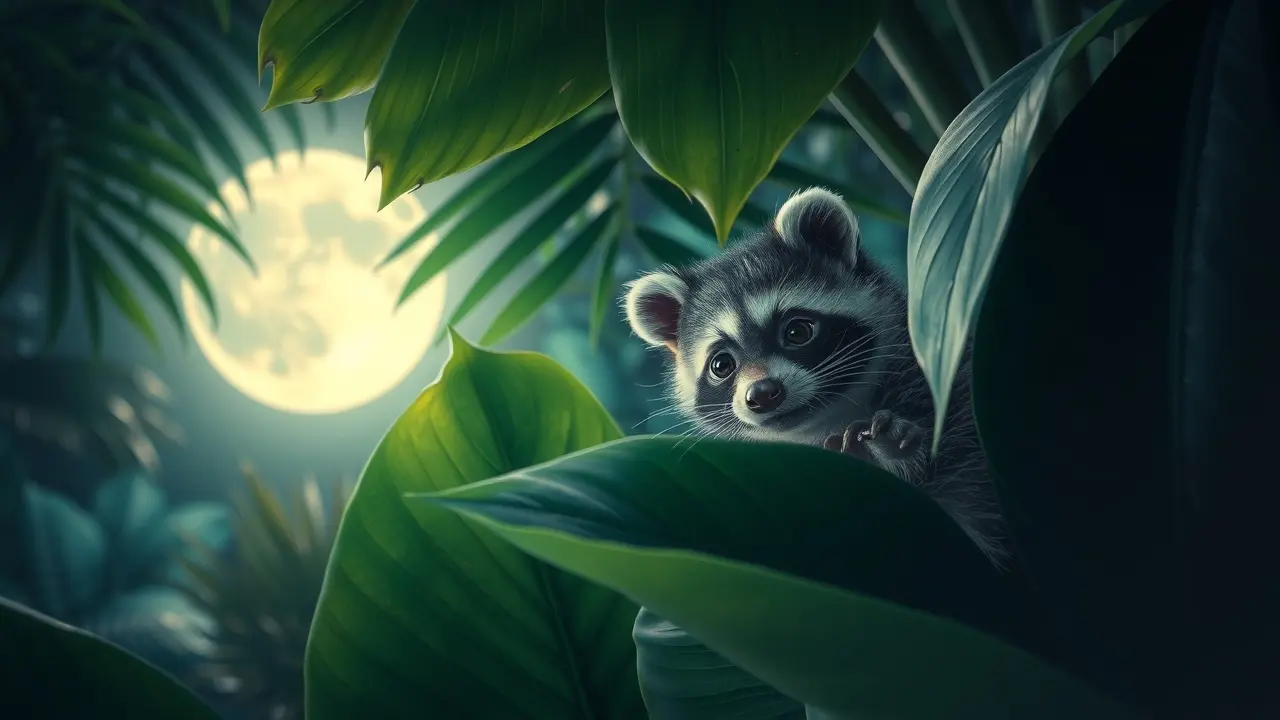 Guaxinim-pigmeu espreitando na selva, em um sonho.