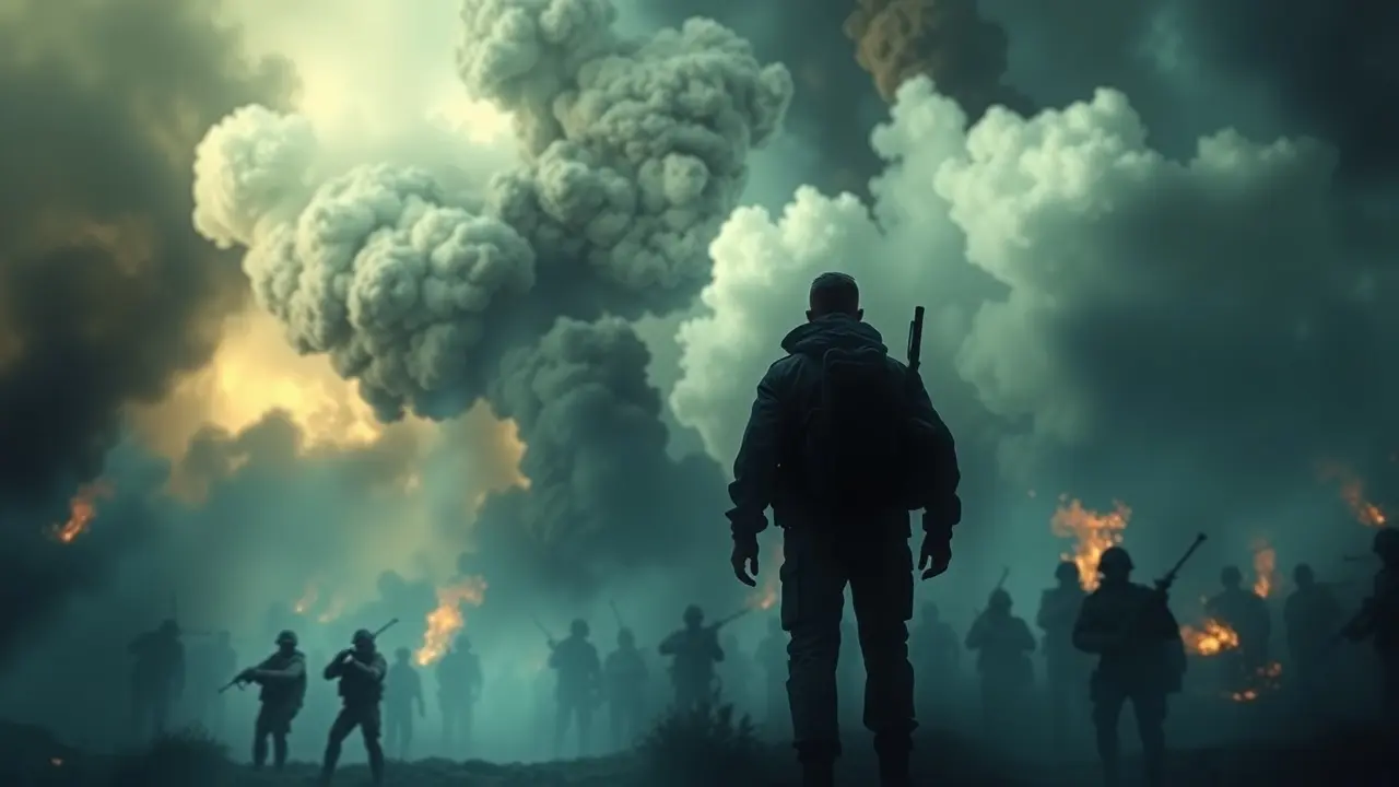 Sonhar com Guerra: Descubra os Significados Ocultos Sonho com guerra: campo de batalha caótico e introspectivo.