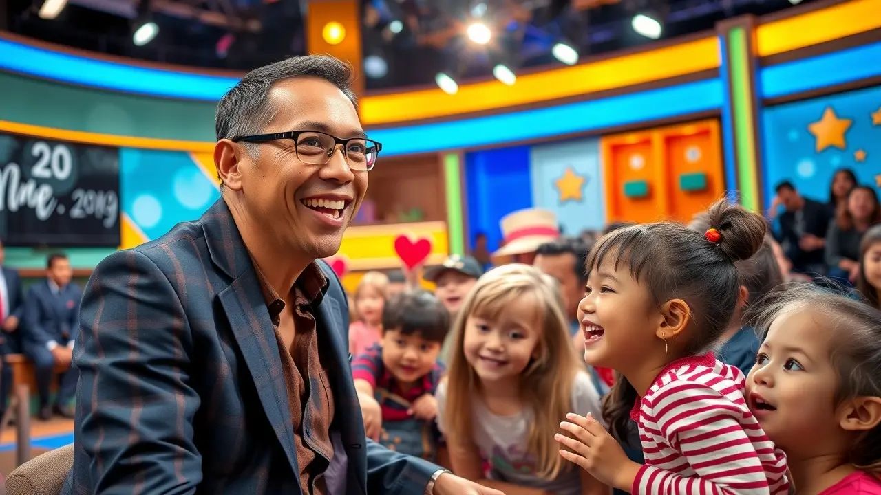 Gugu Liberato sorrindo com crianças em estúdio de TV