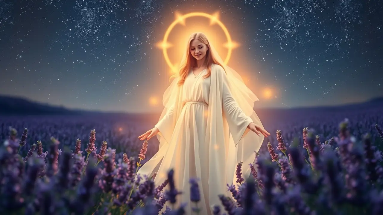 Significado de Sonhar com Guia Espiritual: Mensagens e Interpretações Guia espiritual luminoso em campo de lavanda.