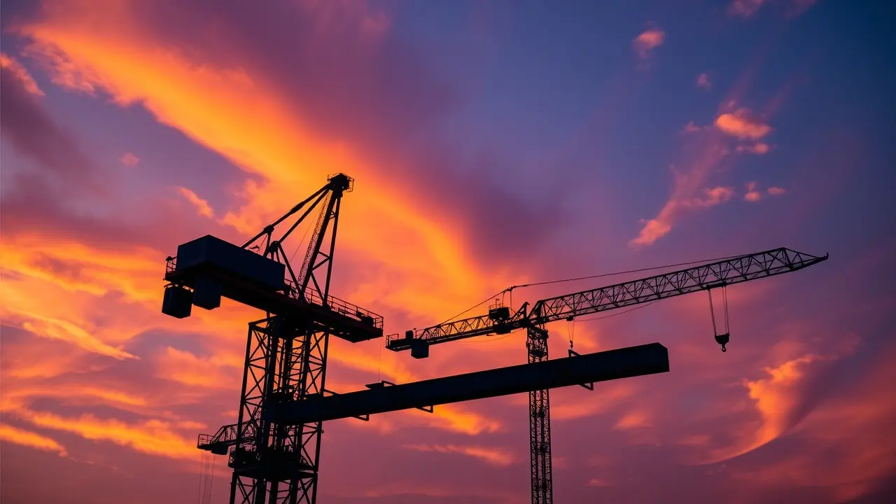 Guindaste levantando viga de aço em construção.