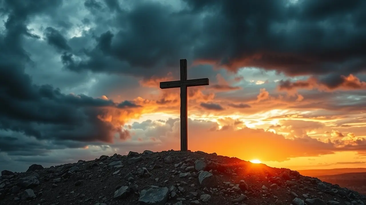 Cruz solitária em gulgalta rochosa sob céu tempestuoso