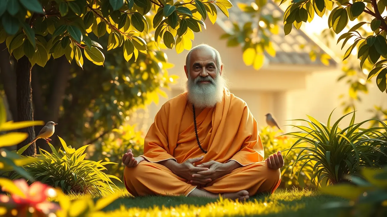 Um guru sorrindo em um jardim ensolarado