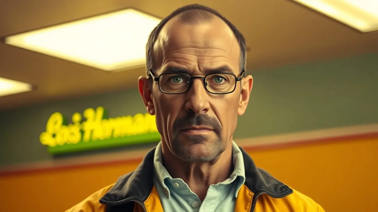 Sonhar com Gus Fring: Descubra o Significado Oculto Gus Fring em Los Pollos Hermanos, expressão calma e intensa