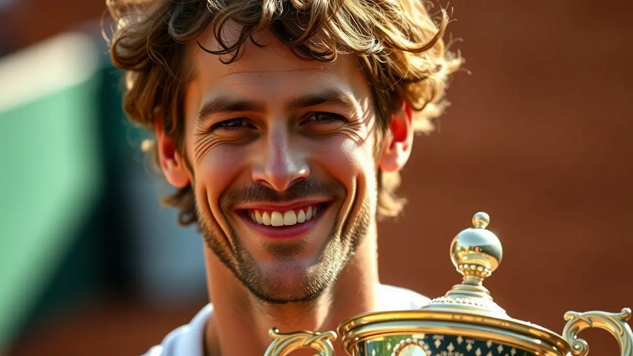 O que significa sonhar com Gustavo Kuerten? Descubra! Gustavo Kuerten sorrindo com o troféu de Roland Garros