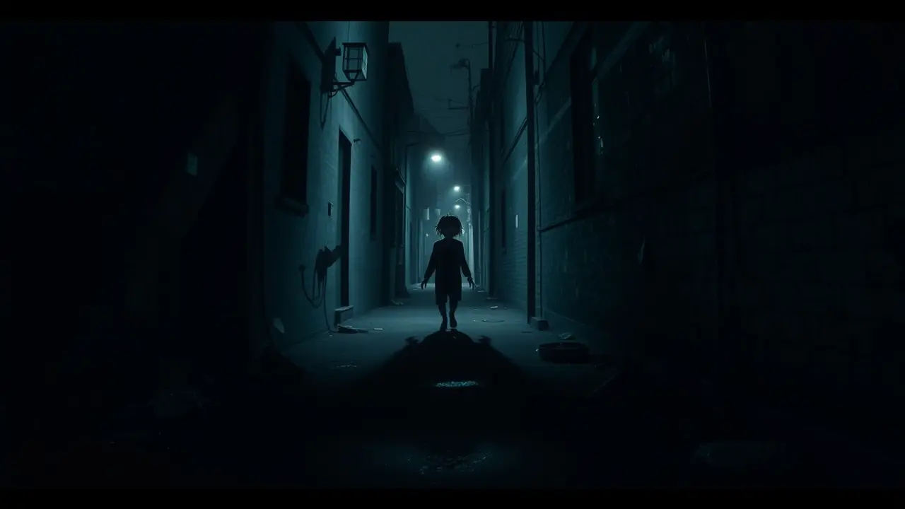 Visão de beco escuro e figura sombria, simbolizando o presságio do 'guai'.