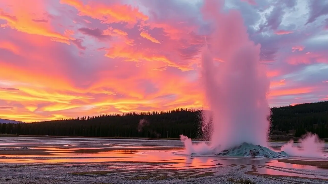 Sonhar com Gêiser: Descubra o Significado e as Mensagens Ocultas! Gêiser em erupção ao pôr do sol.