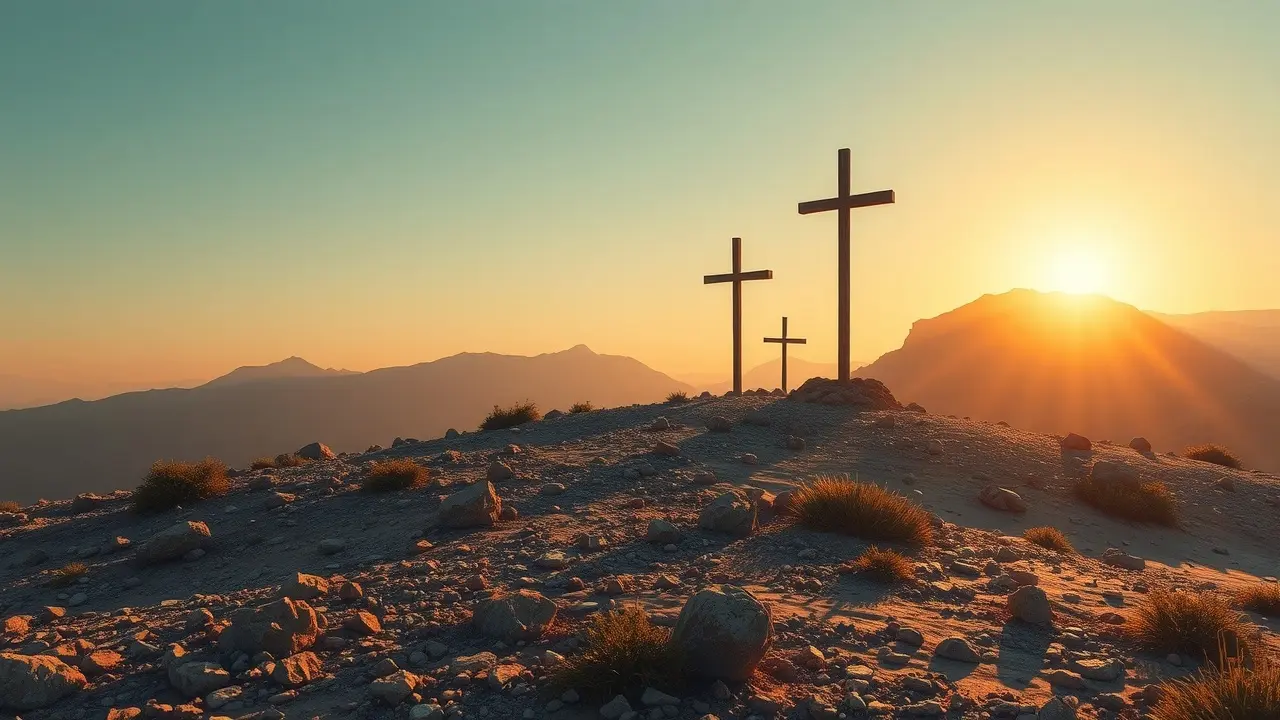 Gólgota ao amanhecer, silhueta das cruzes
