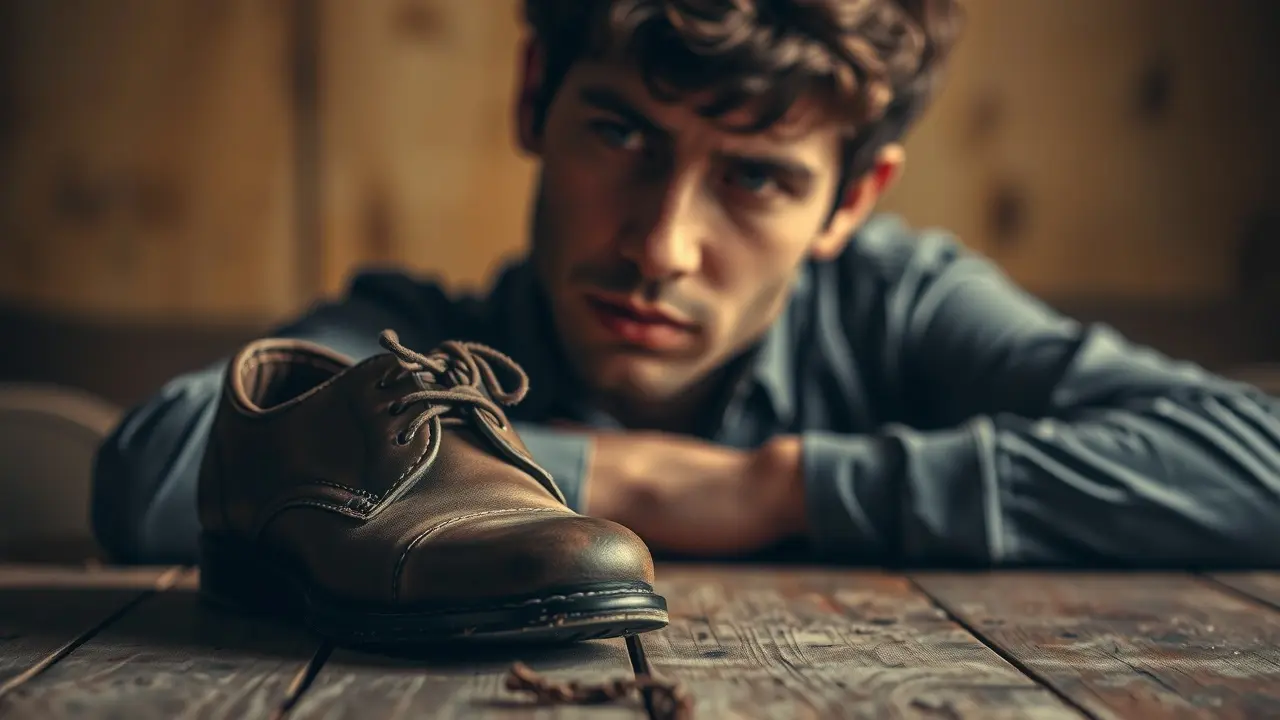 Sonhar com Gáspea: Descubra os Significados Ocultos Pessoa olhando pensativamente para gáspea de sapato