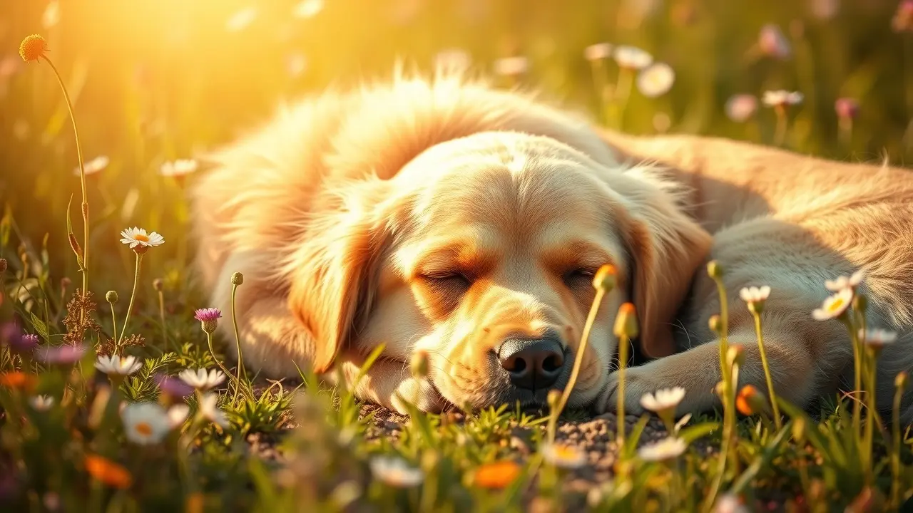Cachorro dourado dormindo em campo ensolarado.