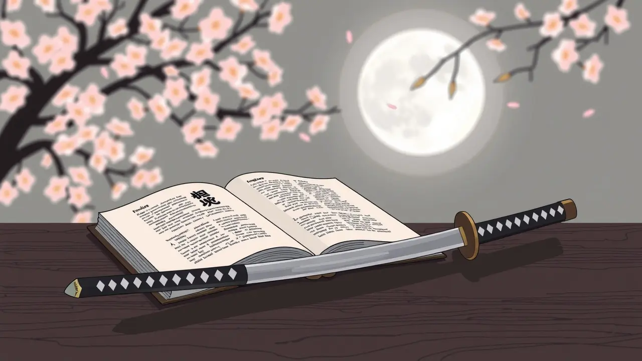 Significado de Sonhar com Hagakure: Desvende a Sabedoria Samurai Livro Hagakure e katana sobre mesa.