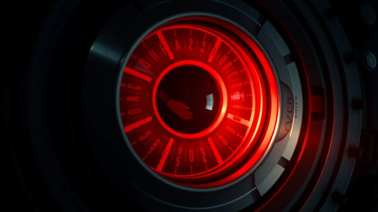 Olho vermelho de HAL 9000 refletindo caos tecnológico.