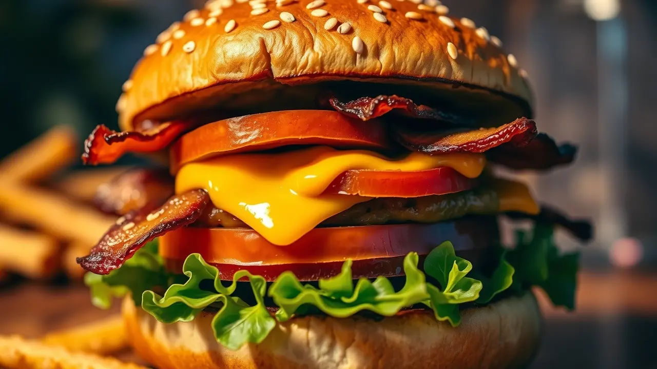 Hambúrguer apetitoso com queijo derretido.