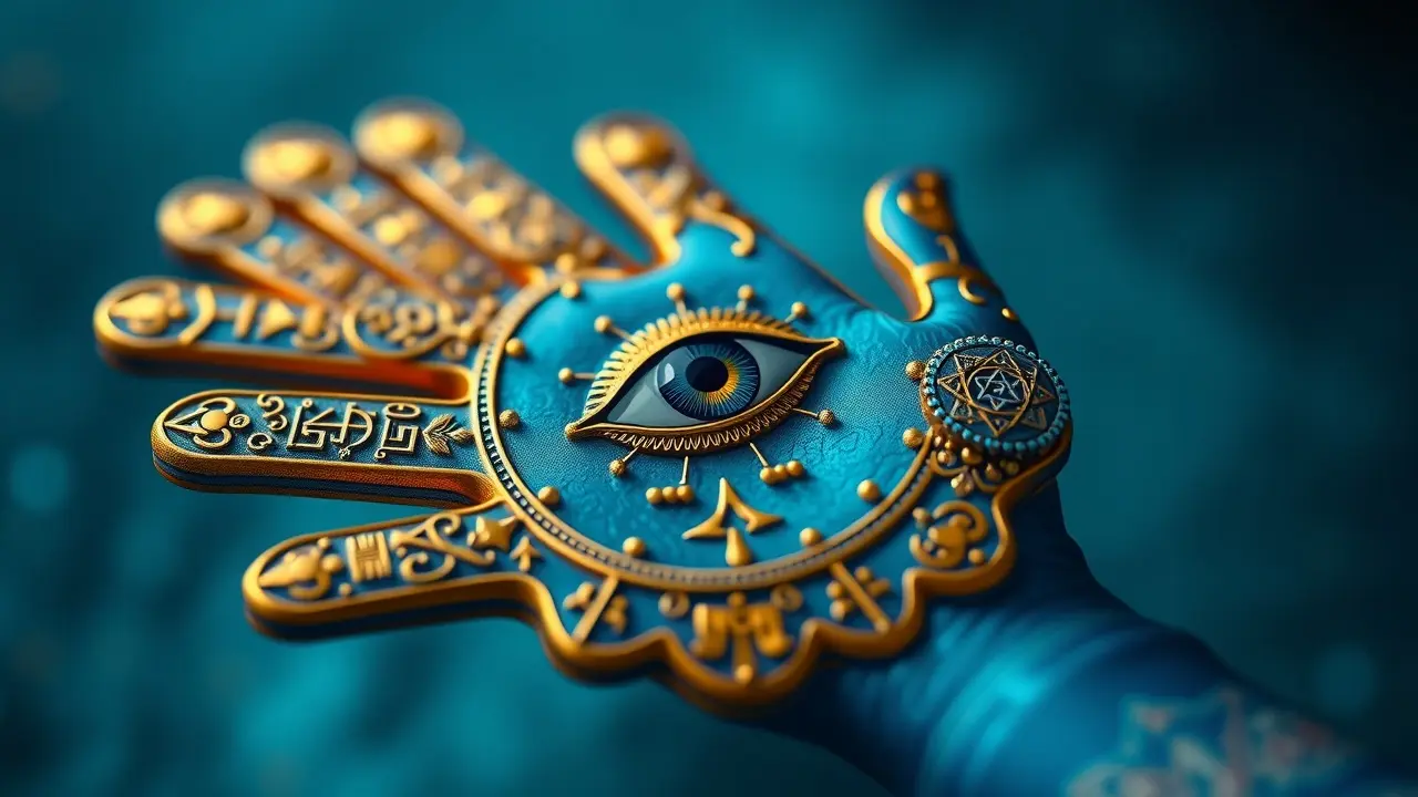 Amuleto de Hamsá com detalhes em ouro.