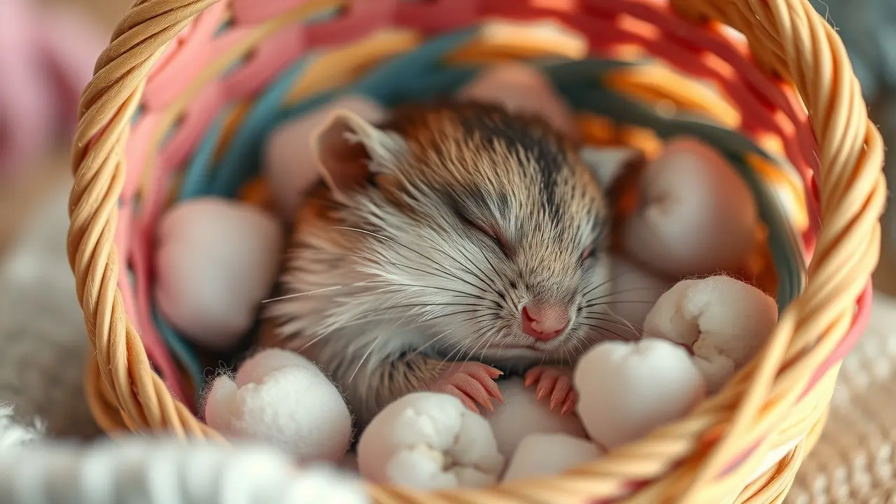 Sonhar com Hamster-Anão: Descubra o Significado e as Mensagens Ocultas Um pequeno e fofo hamster-anão dormindo em uma cesta.