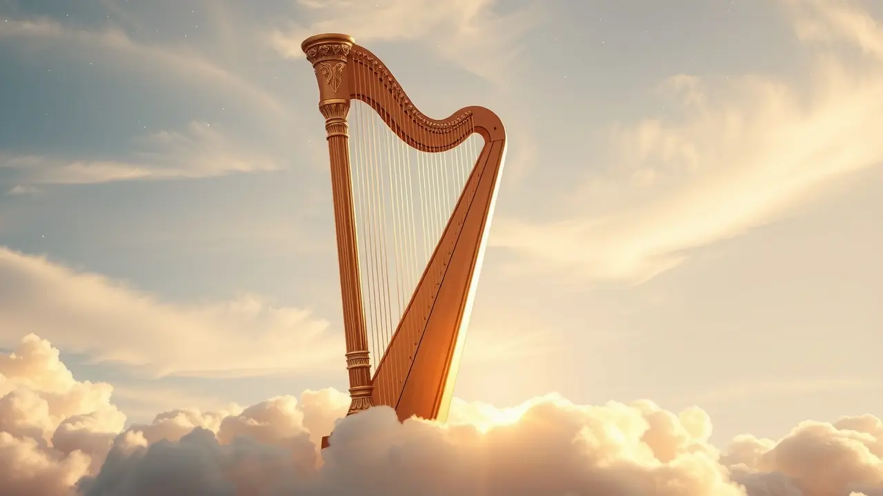 Harpa dourada em repouso sobre uma nuvem