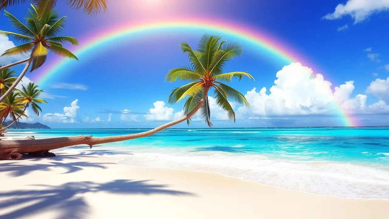 Sonhar com Havaí: Descubra o Significado e as Mensagens Ocultas Praia havaiana ensolarada com arco-íris