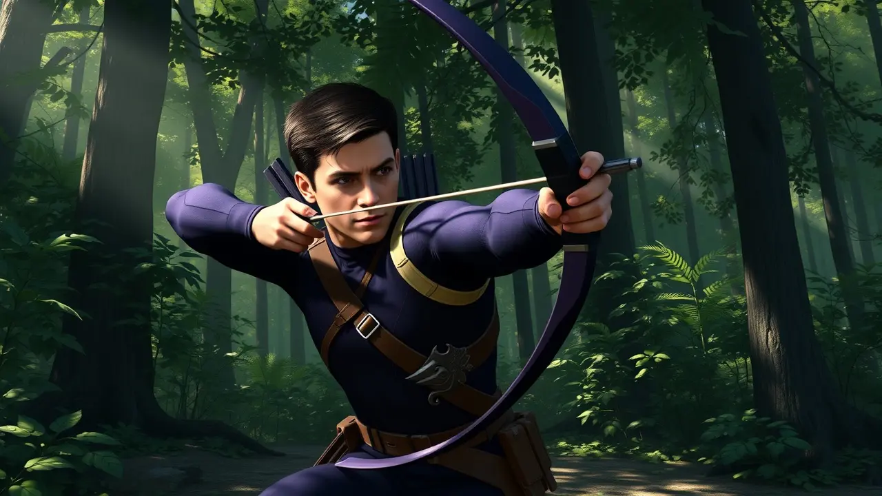 Hawkeye (Gavião Arqueiro) mirando com arco e flecha.