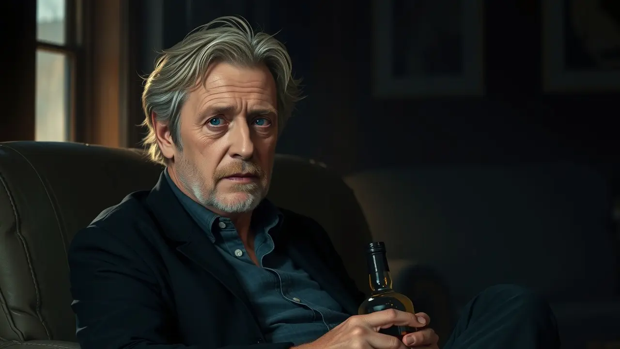 Haymitch Abernathy em um quarto escuro.