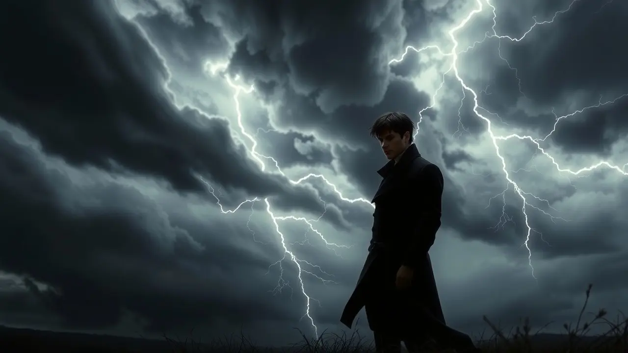 Homem sombrio em campo tempestuoso, sonhar com Heathcliff