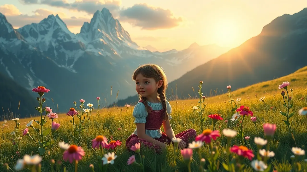 Heidi sentada em um campo alpino florido com montanhas ao fundo