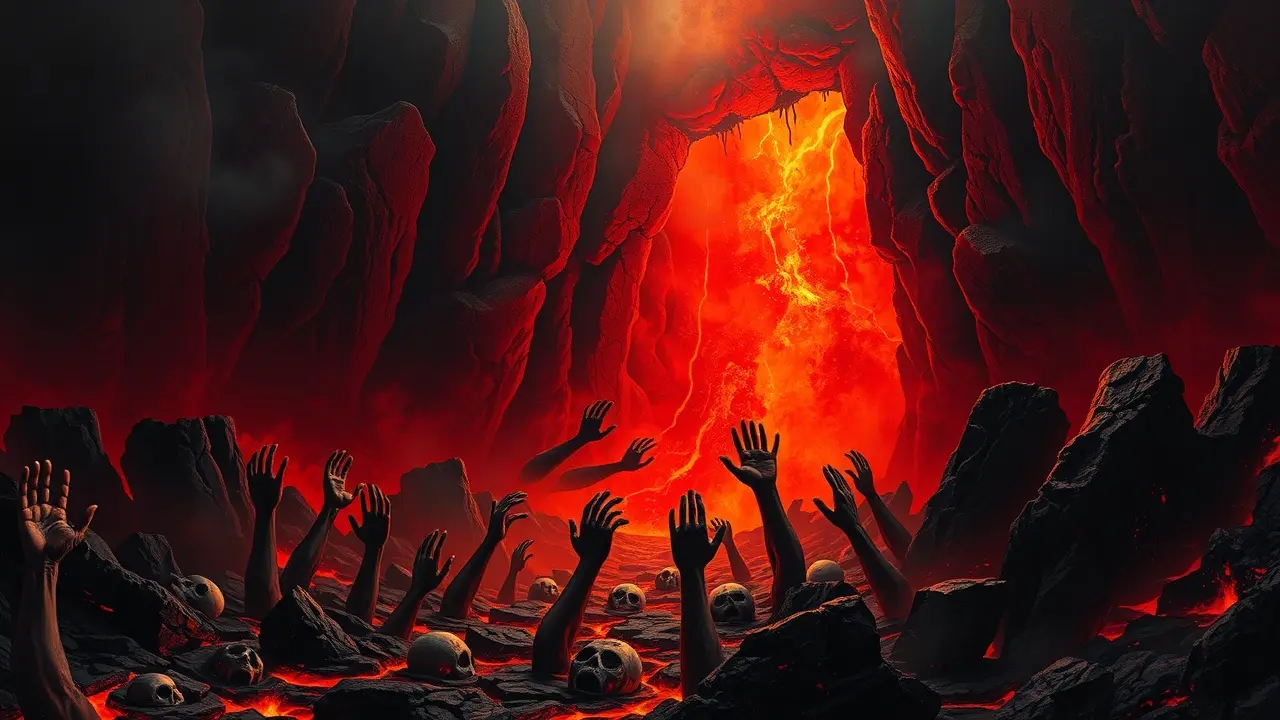 Pintura da entrada do inferno com almas atormentadas.