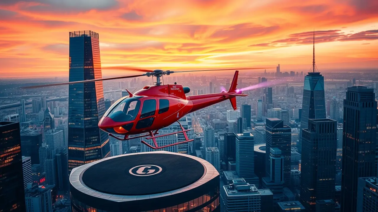 Helicóptero pousando em heliponto de arranha-céu