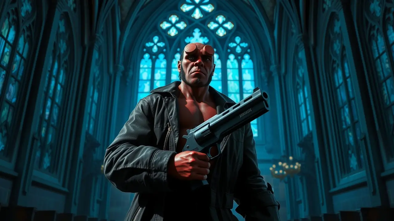 Hellboy com revólver em catedral gótica.