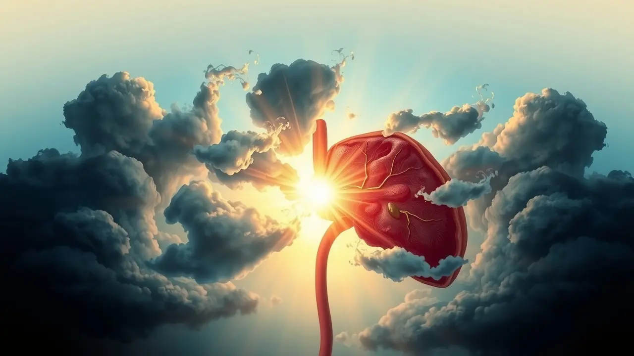 Fígado brilhante limpando emoções escuras em sonho com hepatite