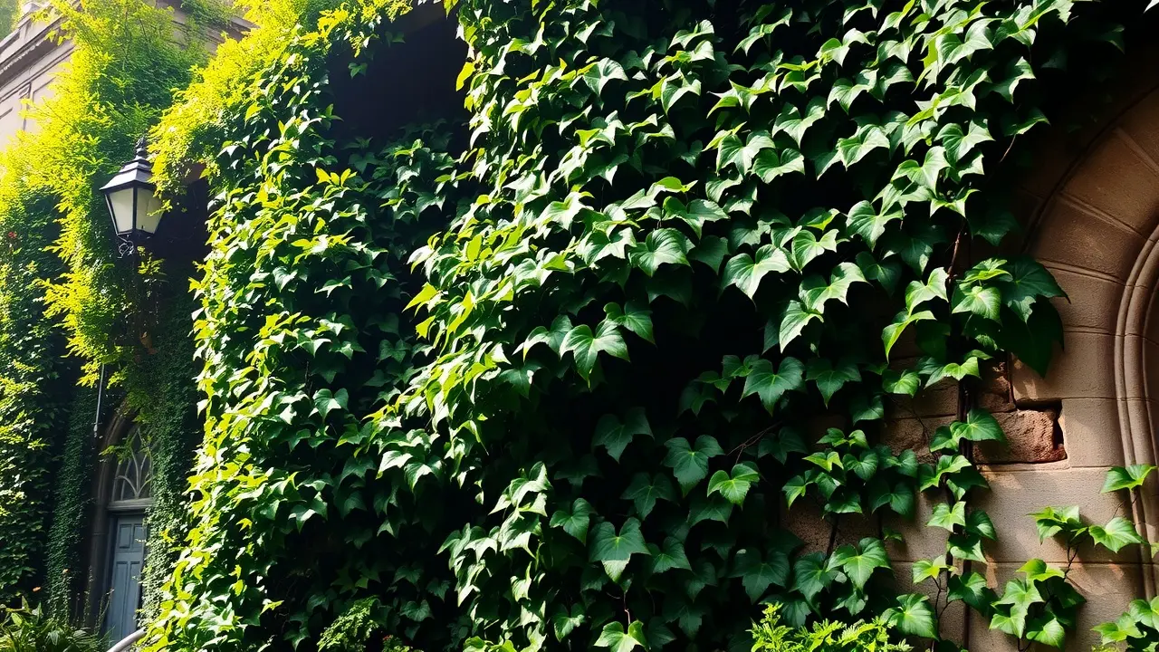 Hera-inglesa exuberante cobrindo parede de pedra.