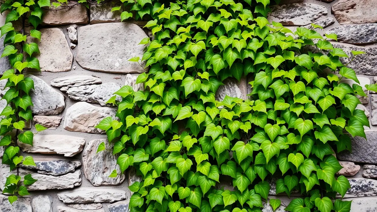 Hera verde trepadeira em parede de pedra.