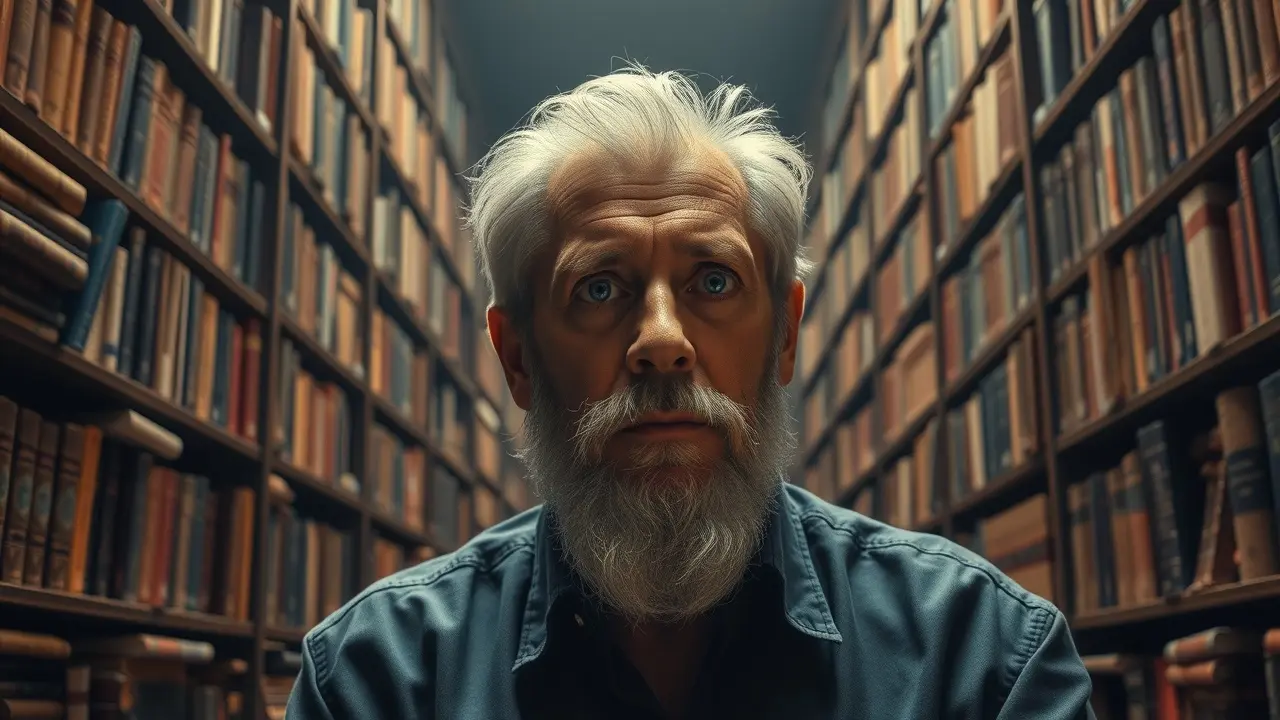 O que significa sonhar com Hermann Hesse? Homem idoso em biblioteca, simbolizando sabedoria e reflexão.