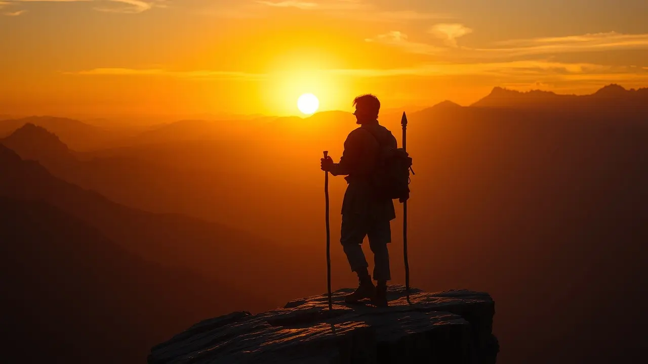 Silhueta de pessoa em penhasco ao amanhecer, simbolizando heroísmo.