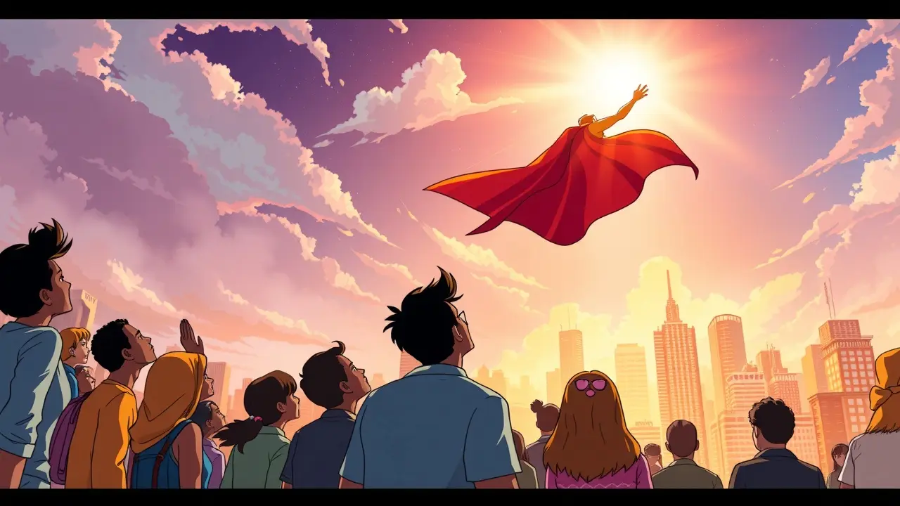 Pessoas admirando super-herói no céu.