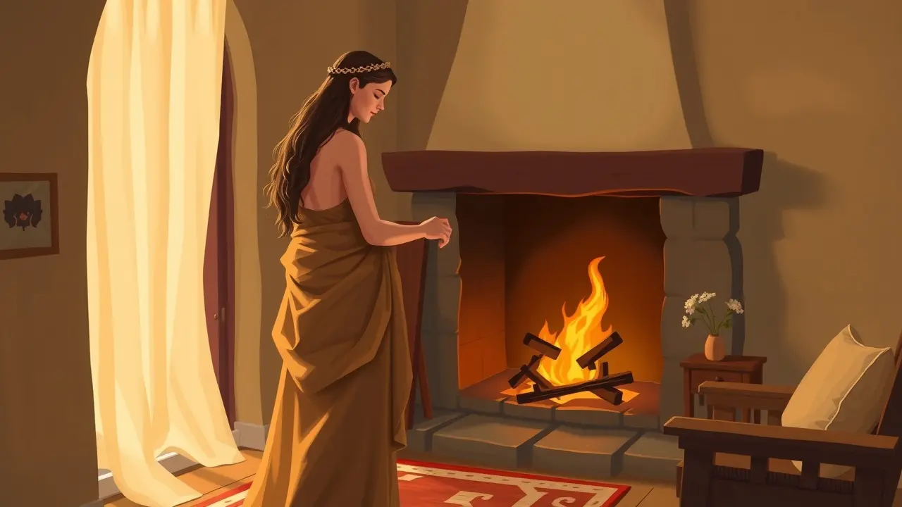 Sonhar com Héstia: Desvendando o Significado de Lar, Família e Espiritualidade Héstia, deusa do lar, cuidando do fogo.