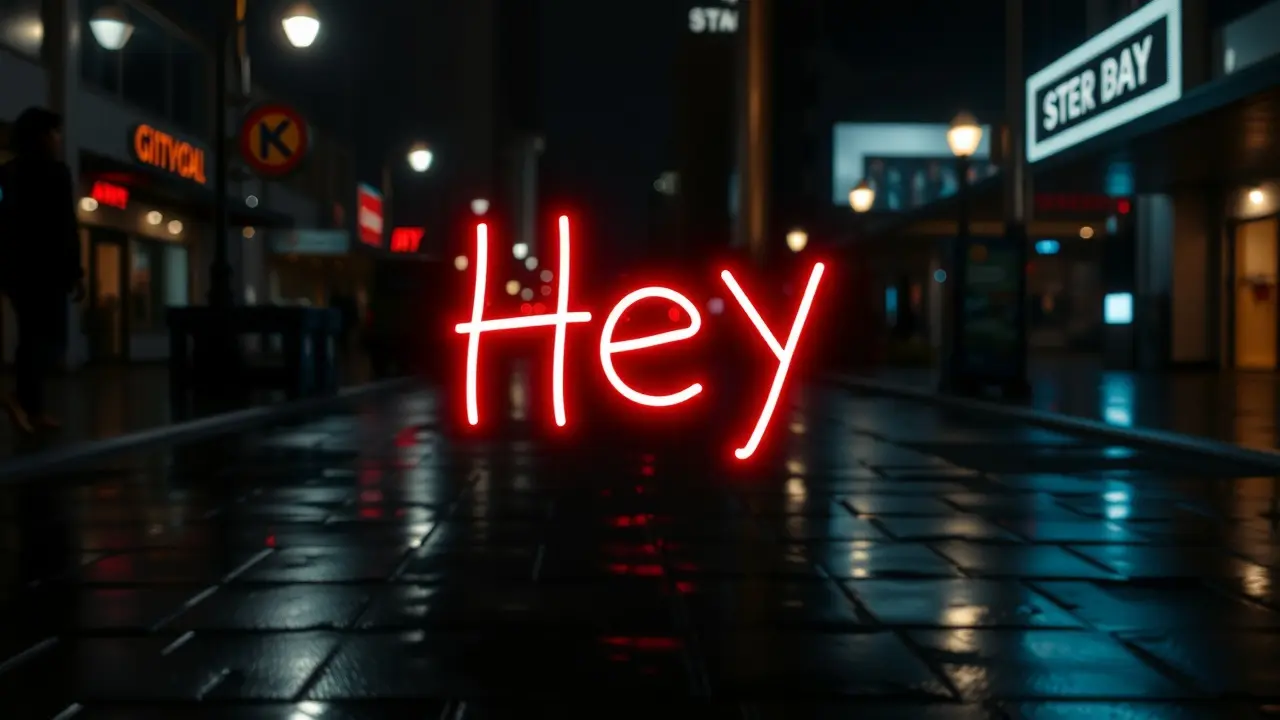 Significado de Sonhar com Hey: Decifre as Mensagens do Subconsciente Neon 'Hey' em paisagem urbana noturna, simbolizando um chamado.