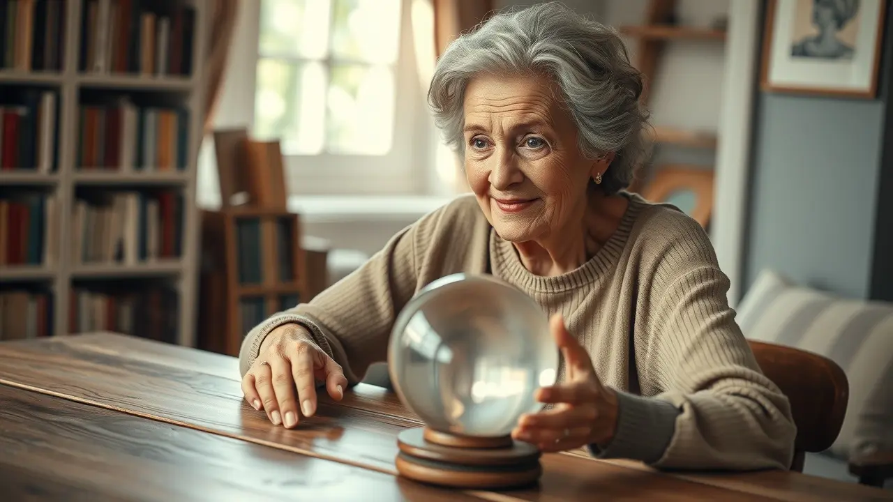Mulher idosa contemplando bola de cristal, interpretando sonhos sobre hidrocefalia.