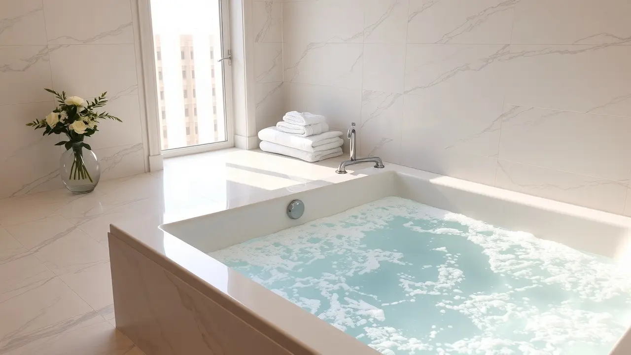 Banheira de hidromassagem luxuosa em banheiro de mármore