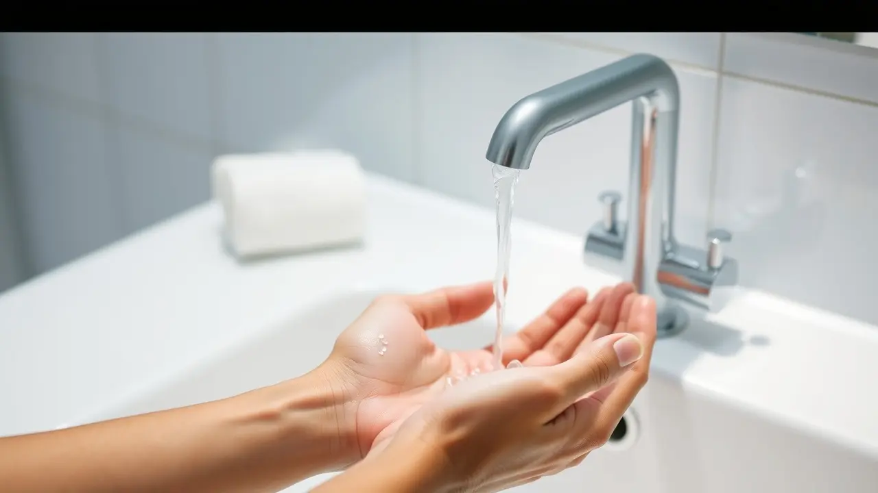 Mãos lavando sob água corrente, simbolizando limpeza e renovação.