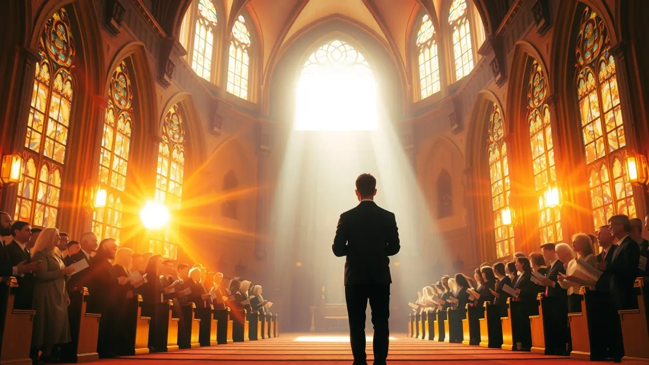 O Significado Profundo de Sonhar com Hino: Uma Análise Detalhada Pessoa contemplando um coral cantando um hino em um auditório iluminado