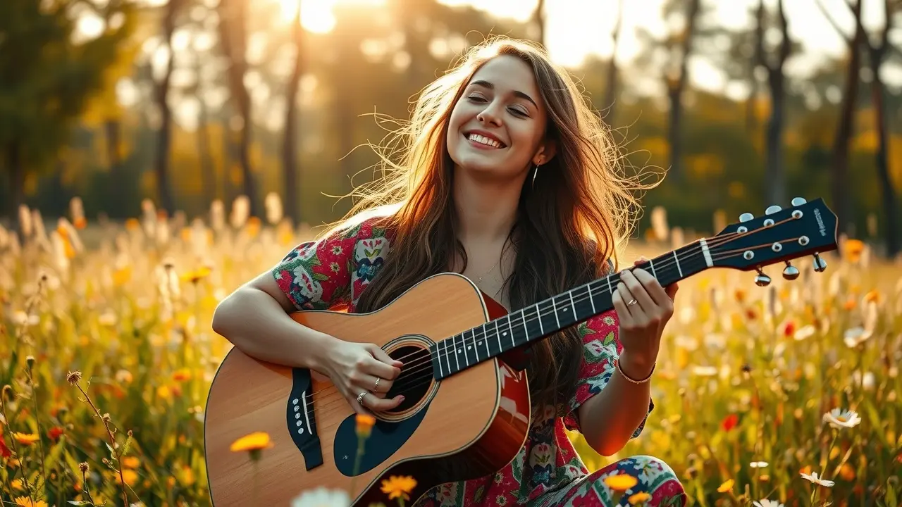 Mulher tocando violão em campo florido, simbolizando sonho com hippie.