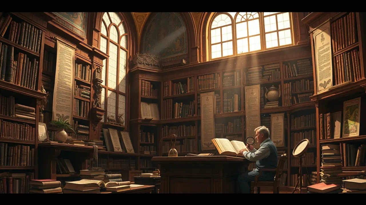 Biblioteca antiga com livros de história e historiador estudioso