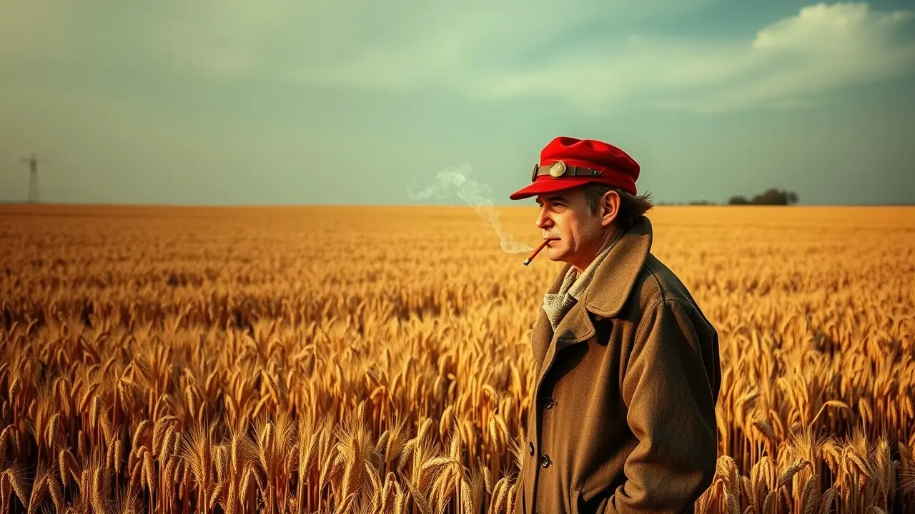 Sonhar com Holden Caulfield: Desvendando os Significados Ocultos Homem solitário com chapéu vermelho num campo de centeio, reflexivo.