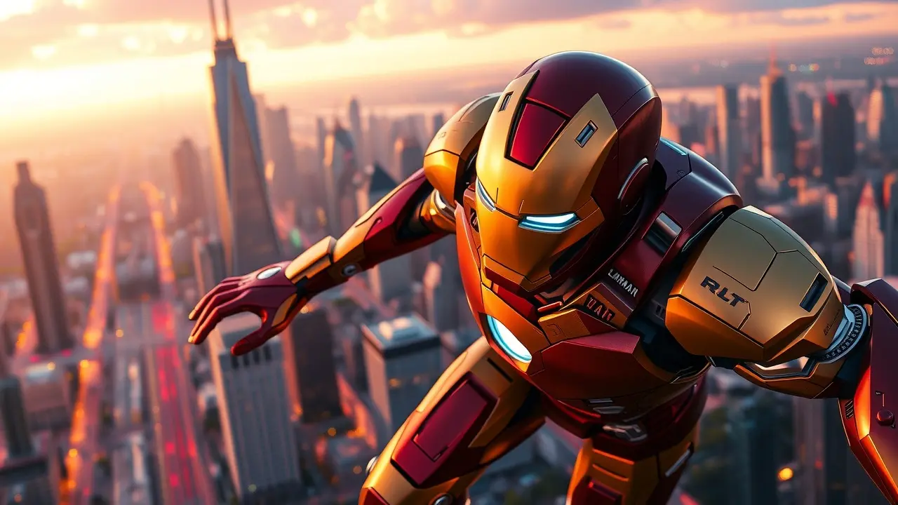 Homem de Ferro voando sobre a cidade