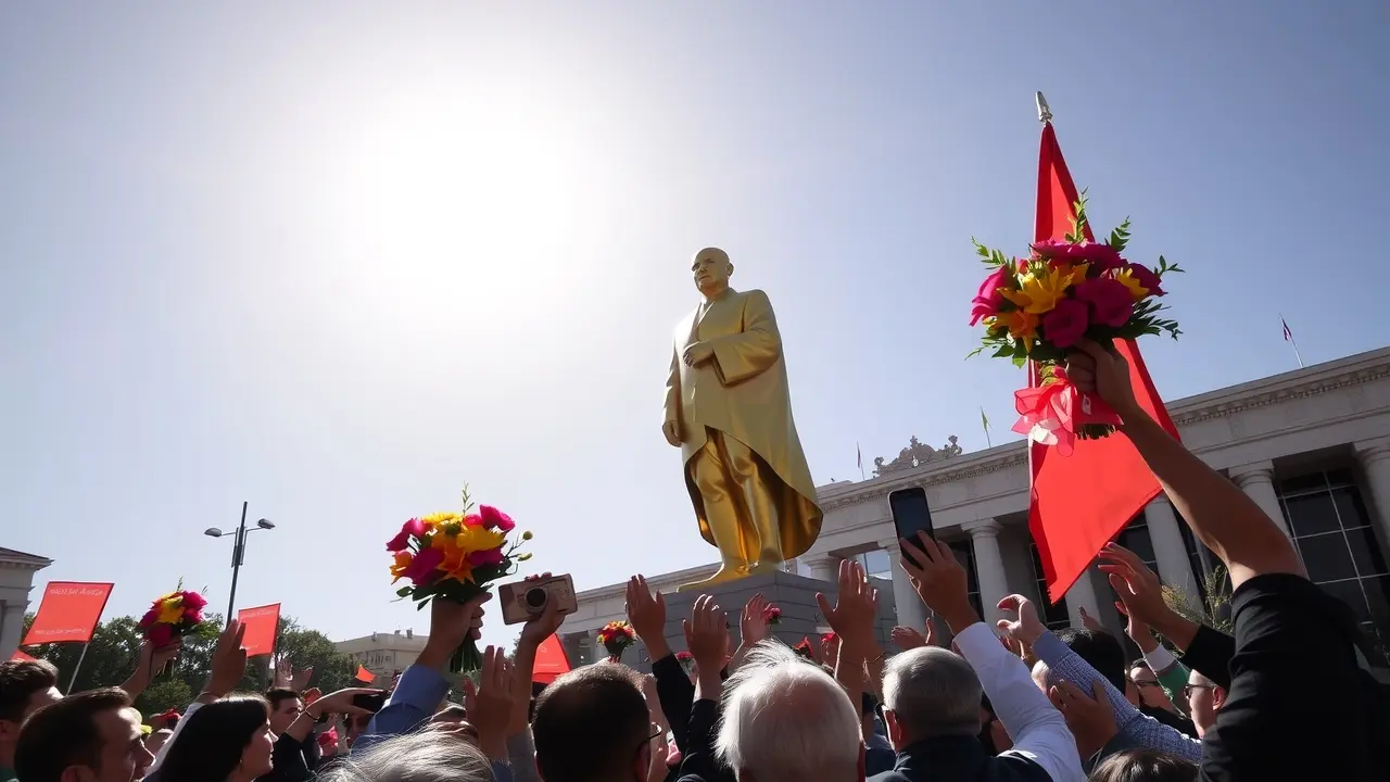 Sonhar com Homenagem: Descubra o Significado e as Implicações Estátua dourada sendo revelada durante homenagem pública cheia de flores e alegria.