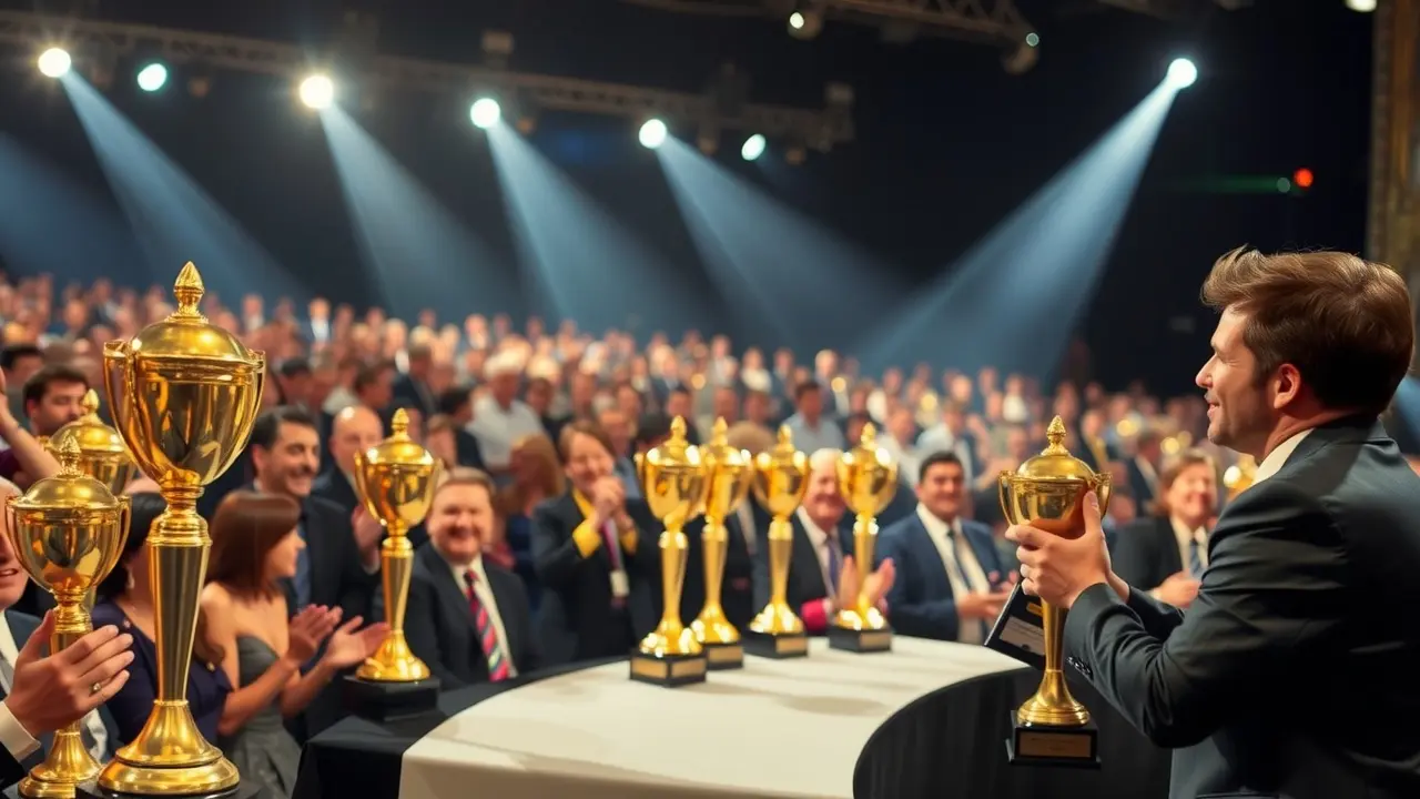 Cerimônia de premiação com troféus dourados.