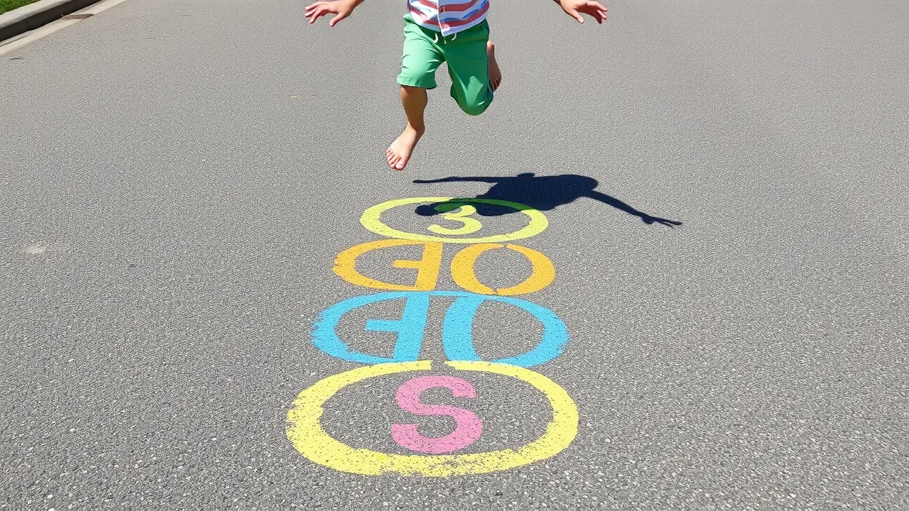 Criança pulando amarelinha colorida.